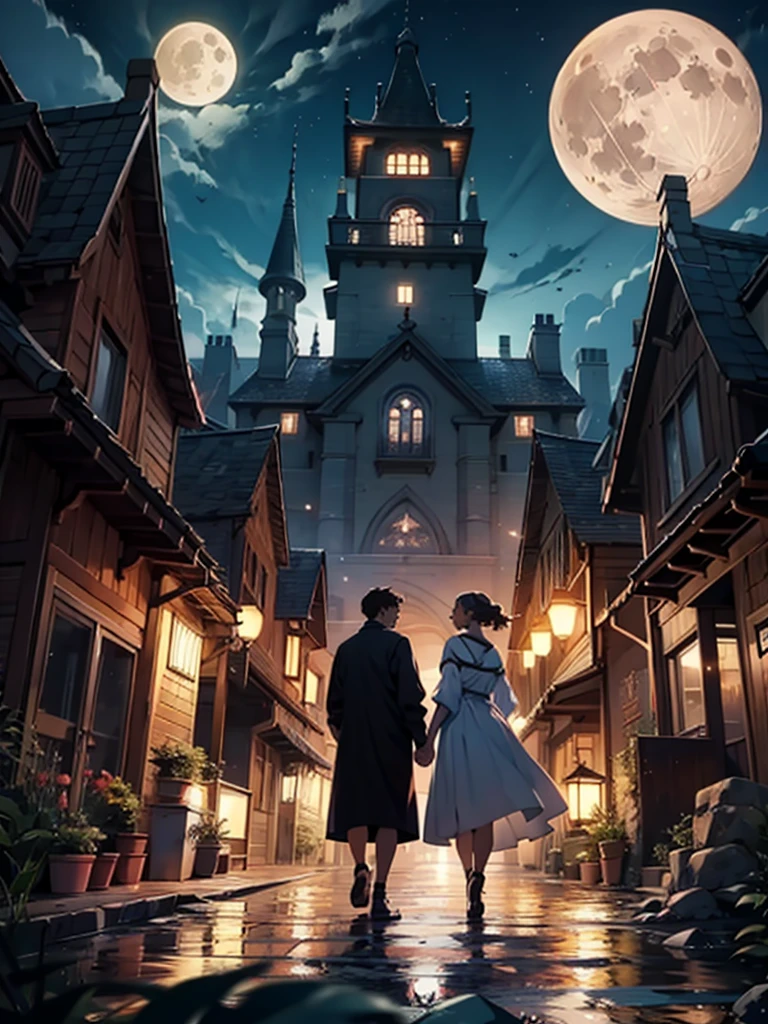 high resolution、Romantic and fantastical scenes、Night beach and full moon、Male and female characters holding hands