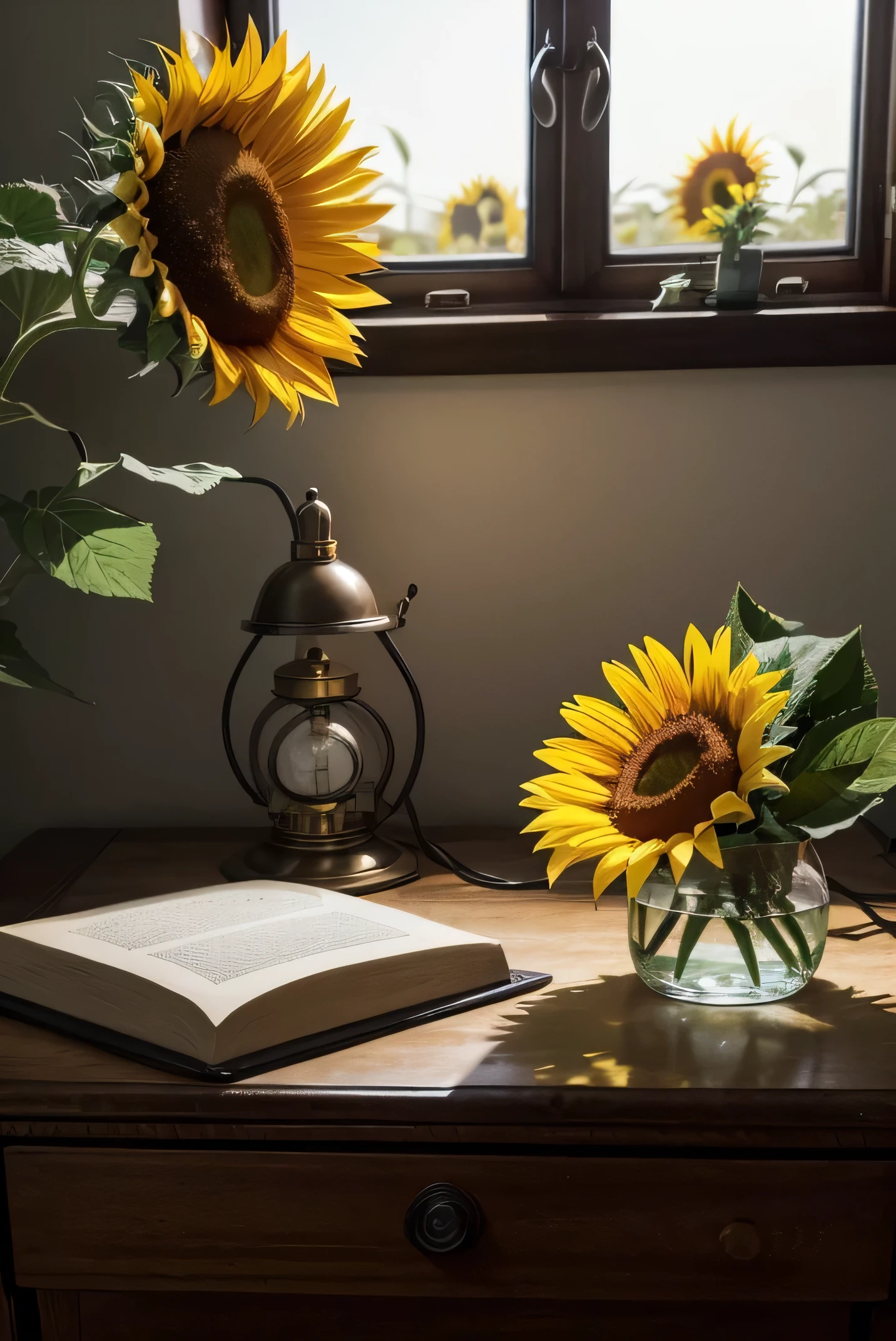 generate an A4 image in landscape mode, of a vintage bedroom, with a desk facing a window overlooking a sunflower field landscape, and under the table a bible and candle lamp, Focus the image on the bible on the desk and the sunflowers