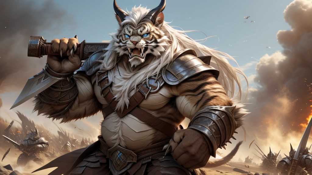 head、Animal cat face、A pair of dragon horns,Full body of fluffy white hair、Heavy breathing、Gnashing of teeth,Serious expression,Fluffy belly、Leather Armor,Viking style,wildcat、blue eyes,(contour)Full body covered with long white hair、Hairy body、Long and thick armpit hair、Fangs、4K,War Background,Sharp claws、Capture the composition of the whole body、 一把sword,左手握住sword柄,Handheld weapons/sword/daggeghting Stance,Run forward,charge,HD