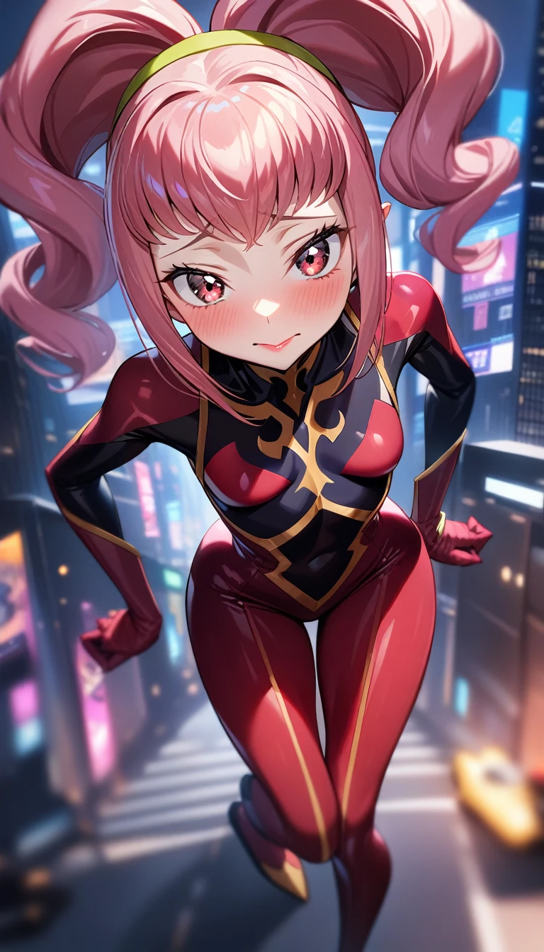 1girl,solo,super detailed skin,shiny skin,anya alstreim, code geass, angelic smile,embarrassed,pink hair,eyelashes,lips gloss,small breasts,beautifully shaped breasts,full bodysuit,cybercity,masterpiece,best quality,ultra detailed,high resolution,sharp focus,depth of field