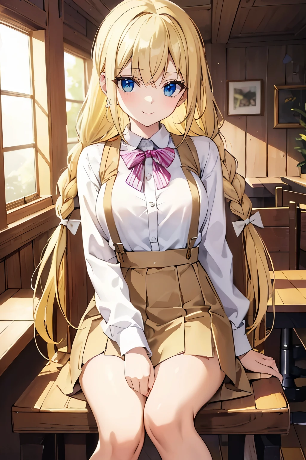 Safe for work, masterpiece, best quality, solo, 1 girl,   (young female body:1.4), ( medium breasts), golden yellow hair, extra long hair, bright yellow hair, blunt bangs, crystal blue eyes, very detailed eyes, sitting in a chair, elegant, smiling, cute girl, cowboy shot, coffee shop, restaurants background, ribbons, bows, beige skirt, light beige skirt with suspenders, suspenders, white blouse, long sleeves, open buttons, big bow in hair, crossed legs, braided hair, long braid