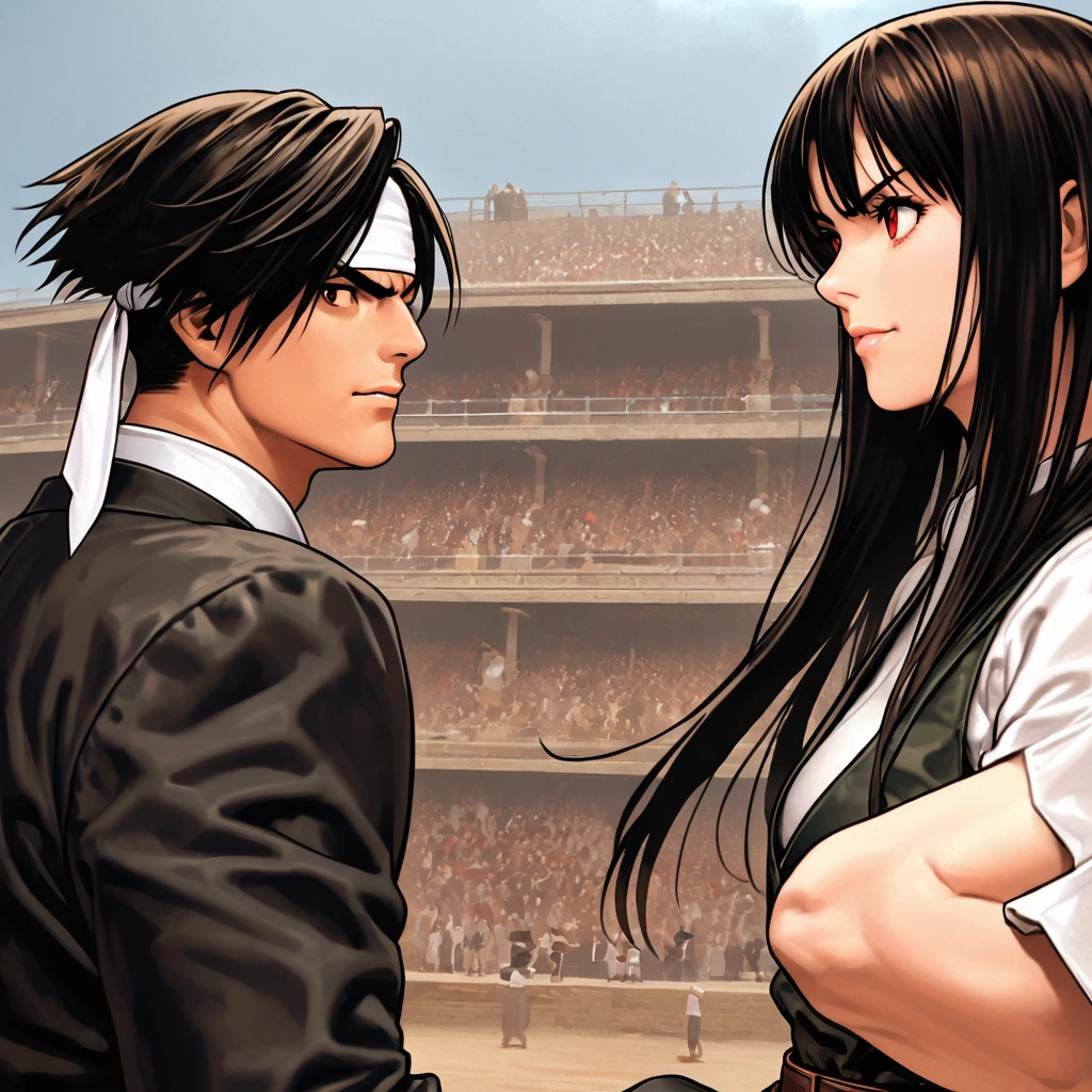 masterpiece, 2 people,ツーshot,Highest quality,8k, complete hand depiction, Action pose, Battle Scenes:1.5,(kusanagi kyo)、Man has black skin、Red eyes、2 peopleきり、((White headband))ツーshot、Black jacket(Roll up your sleeves)、Fingerless gloves、Black Hair、White T-shirt、Black trousers、White shoes、Brown belt、((kusanagi Fight a woman with the same clothes and hairstyle as Kyo))boyish、good looking、shot、Charming、masterpiece、High resolution、Detailed face、Fine grain、morning、A confident smile、Man and woman fighting with the Arles Amphitheatre in the background、Men and women have the same hairstyle and clothing、 Angry expression,:1.5 Attack Speed, Rapid Attack, Angry expression, Angry face