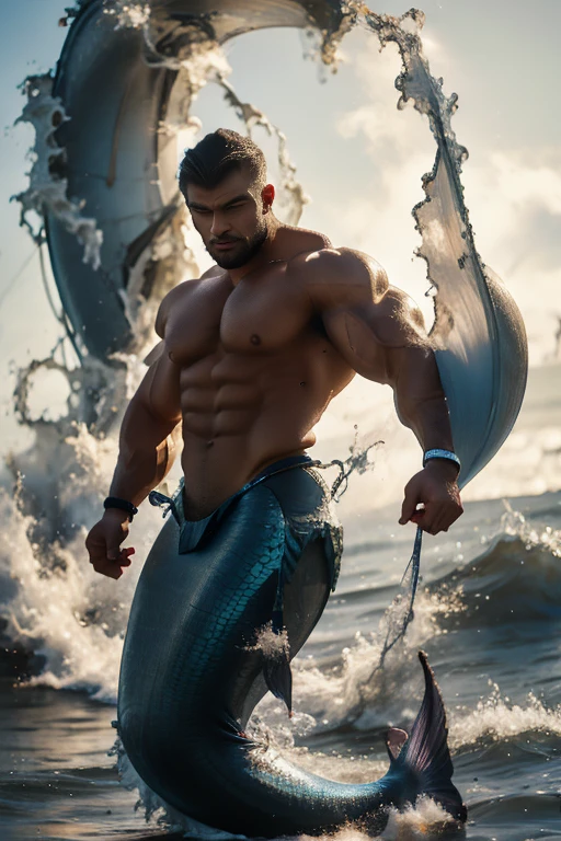 muscle male mermaid, merman, muscles, male bodybuilder, blue mermaid tails, short beard, black hair, jumping from water, selftouch, water twister, rocks, wallpaper