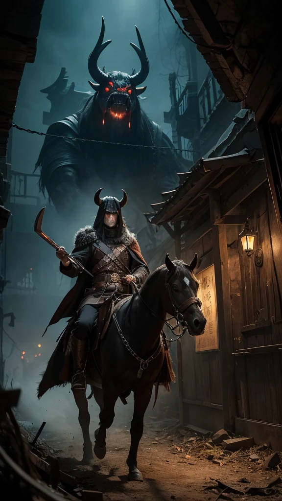Two ghost characters,Ox-head and horse-face,Stand in the dark、The spooky underworld。The bull has a huge bull head.,Curved horns,The face is fierce,Dark complexion,Eyes are round and red,Large and dark nostrils,Wide mouth,有Sharp Teeth。He is tall and strong,Wearing ancient official uniforms,Holding chains。The horse face has a horse head,The face is hideous,Yellowish complexion,Long nose,Sharp Teeth,Narrow eyes。He is also tall,Wearing similar official uniforms,holding halberd。They both had small copper bells and talismans hanging on their belts.。背景是The spooky underworld,Dark and foggy,The ground is covered with rotting leaves and skulls,There are dark gates and black flags,The whole scene is full of horror and depressing atmosphere。Rich in details,lifelike,Lighting effects。