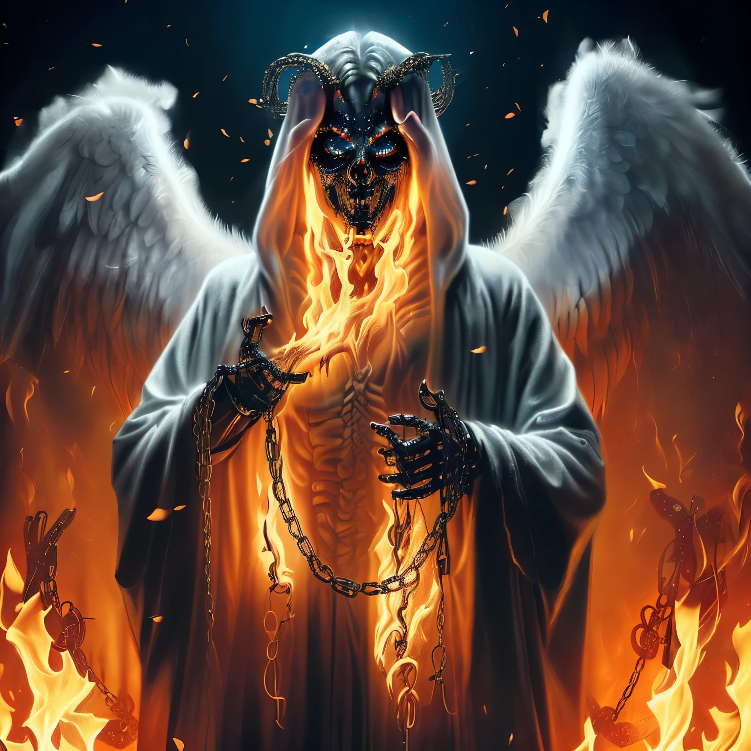 a close up of a person in a robe with chains around their hands, the angel of death with a halo, the angel of death, angel in hell, angel of death, portrait of the angel of death, holy flame spell, portrait of the death angel, beautiful male god of death, flaming grim reaper, to fathom hell or go angelic, god of death