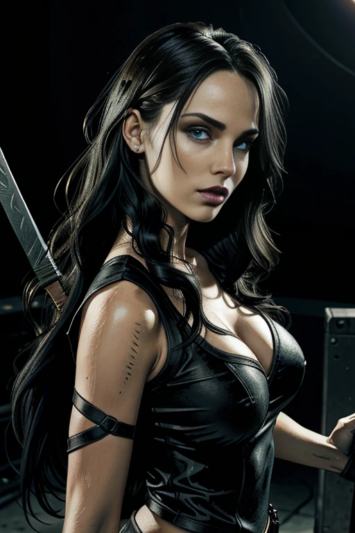 realistic, ultra-detailed, 1girl, Nancy Adams, long braided black hair, blue eyes, thin lips, round face, large , cheerleader uniform, holding a serrated dagger, arrogant expression, zombie slayer, protagonist, best quality, 8k, highres, photorealistic, hyper detailed, studio lighting, vivid colors, dramatic lighting, cinematic, conceptart style, dark fantasy, desolate city background