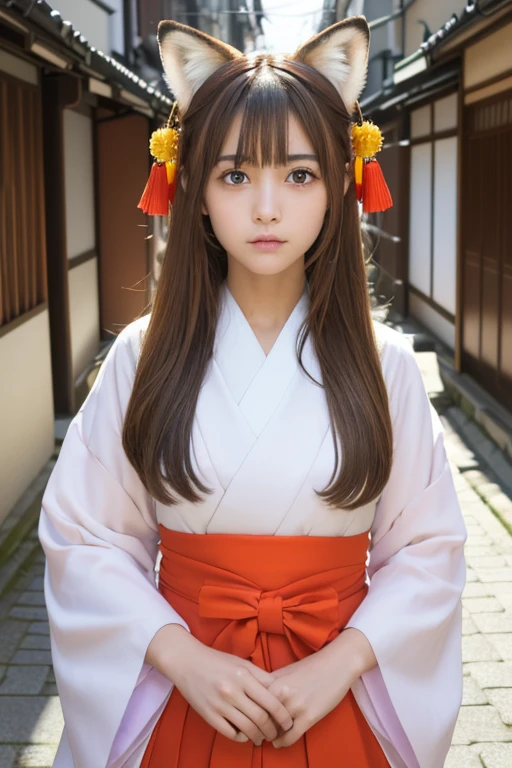 Small fox ears、one girl, (a beauty girl, delicate girl:1.3), (, change:1.3), break,((Shrine maiden costume)),(Brown fox ears) break, Definition of Very Fine Particles, (Symmetrical eyes:1.3), break, (alley, Kyoto:1.3), perfectly trimmed fingers, break, ((Beautiful medium milk)), Brown eyes, Parted bangs, Brown Hair, girl, break, (Eye and facial details:1.0), break, (masterpiece, Highest quality, Very detailed, Detailed face, 8k)