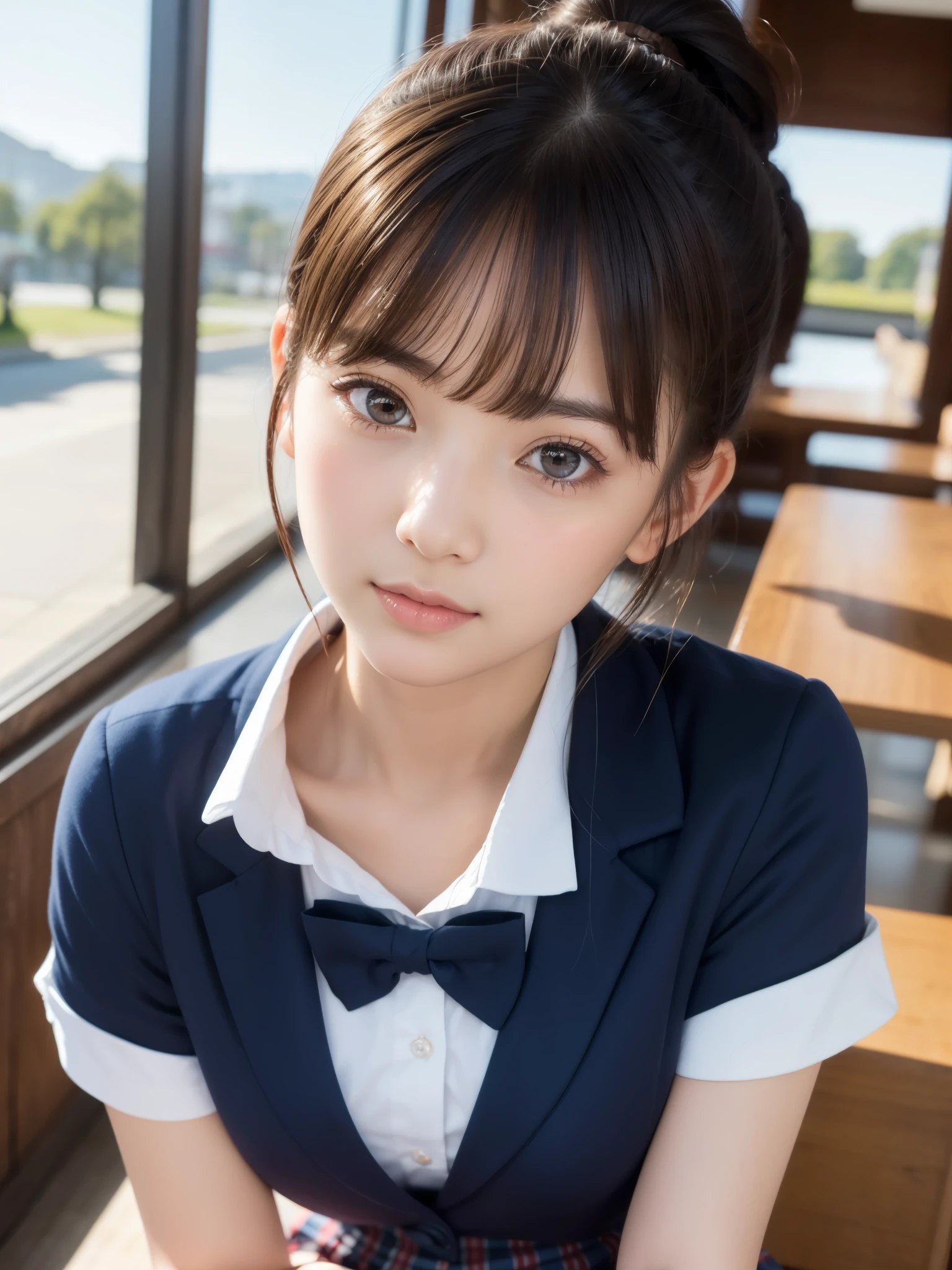 One Girl，(1人のとてもcute女の子:1.3)，masterpiece，Highest quality，High resolution，From below，Low - Angle，Photorealistic，RAW Photos，Ray Tracing，Physically Based Rendering，beautiful girl，(:1.3)，cute，Round face，Big eyes，(detailed pupils:1.2)，(The face is facing straight ahead:1.3)，Body facing forward，Beautiful nose，Upturned nose，Fuller lips，Short black hair，ponytail，short hair，Detailed eyelashes，Thin eyebrows，Very fine grain definition，(Symmetrical eyes，Golden Ratio:1.3)，(Face Focus:1.0)，Small breasts，Short neck，Navy Blue Blazer，Red checked pleated skirt，School uniforms，coastal，Blue sky，White cloud，School uniforms，Portrait，View Viewer，Upper Body，Cinema Lighting，High resolution，Very detailed