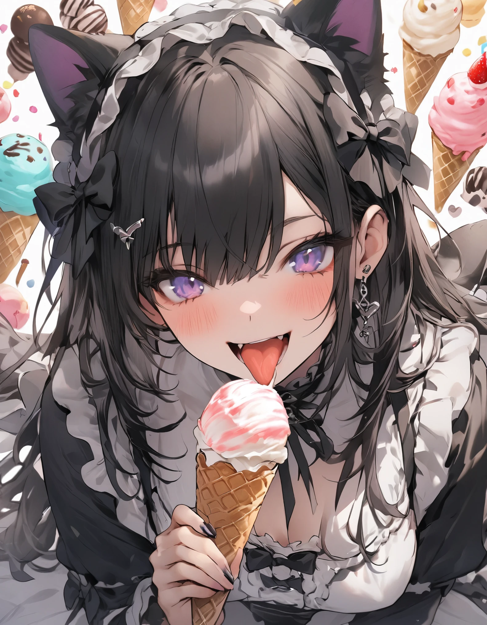 masterpiece、1girl、Black Hair, stick out her tongue a little, gothic lolita,(((have icecream)))、Focus on the face,sweets background, icecream background