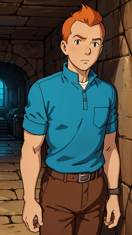 (1man, Tintin,1boy), (extremely detailed CG unit 8k wallpaper),(master part), (best quality), (ultra detail), (best illustration),(ghibli style), cowboy shot, (Sharp eyeliner, ombre, detailed eyes:1), Ancient Atlantis tomb interiors background, ,break , (nateu4), upper body,brunning,short hair, orange hair, 