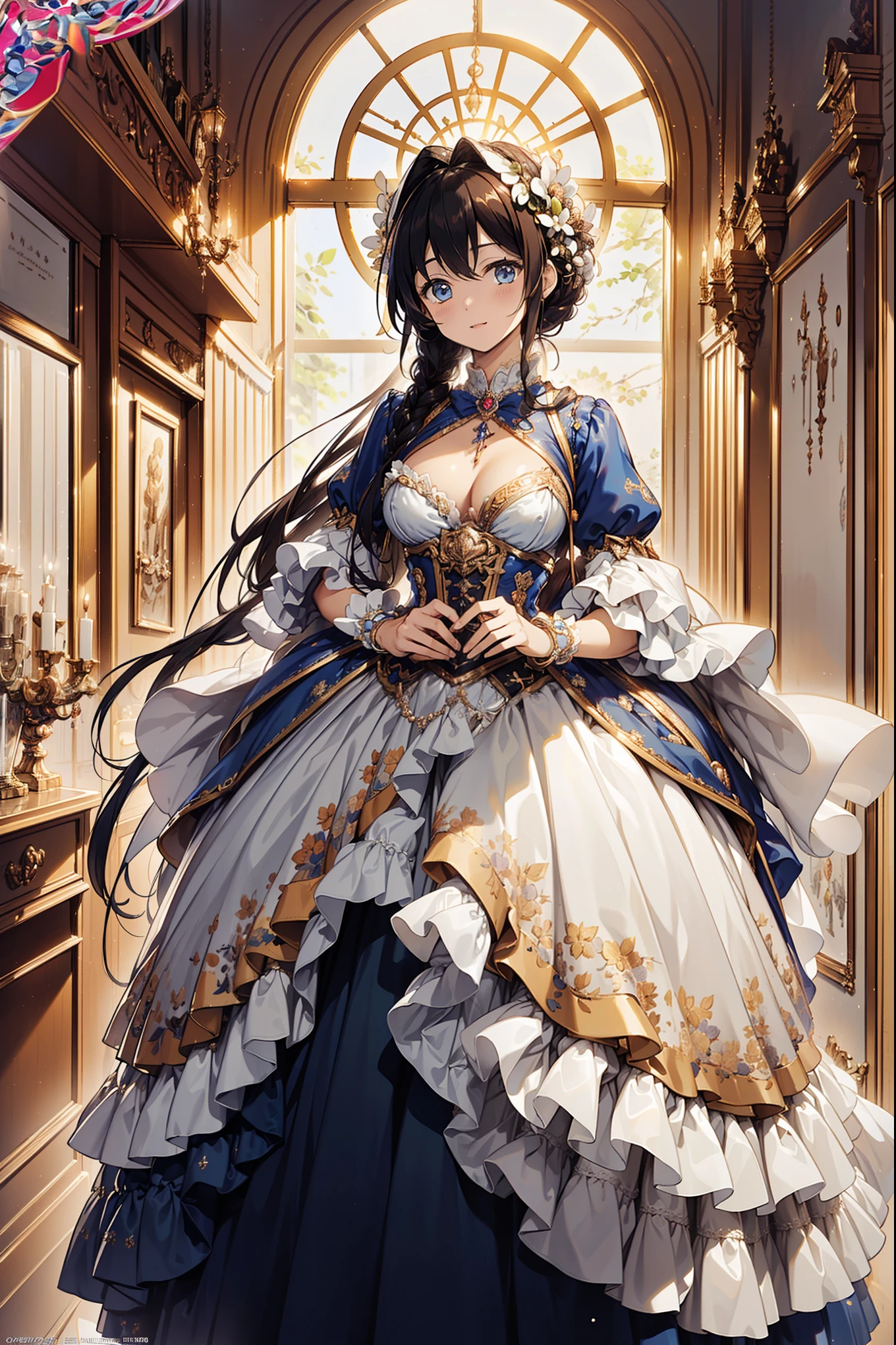 Best quality，Ultra-high resolution，(((Super gorgeous and beautiful dress is a Rococo Victorian dress，Designed with a bustle and long hem))), (Single Ladies :1.2:Beautiful lower breasts:1.2), (Expressive hair:1.1:Thick and long hair:1.1), Bangs, (Cowboy shooting:1.1), (Super delicate face:1.3:masterpiece:1.3:Extremely detailed:1.3:Extremely delicate and beautiful:1.2:Unity 16K wallpaper:1.1), (Moe anime art style:1.1),Charm，lively expression