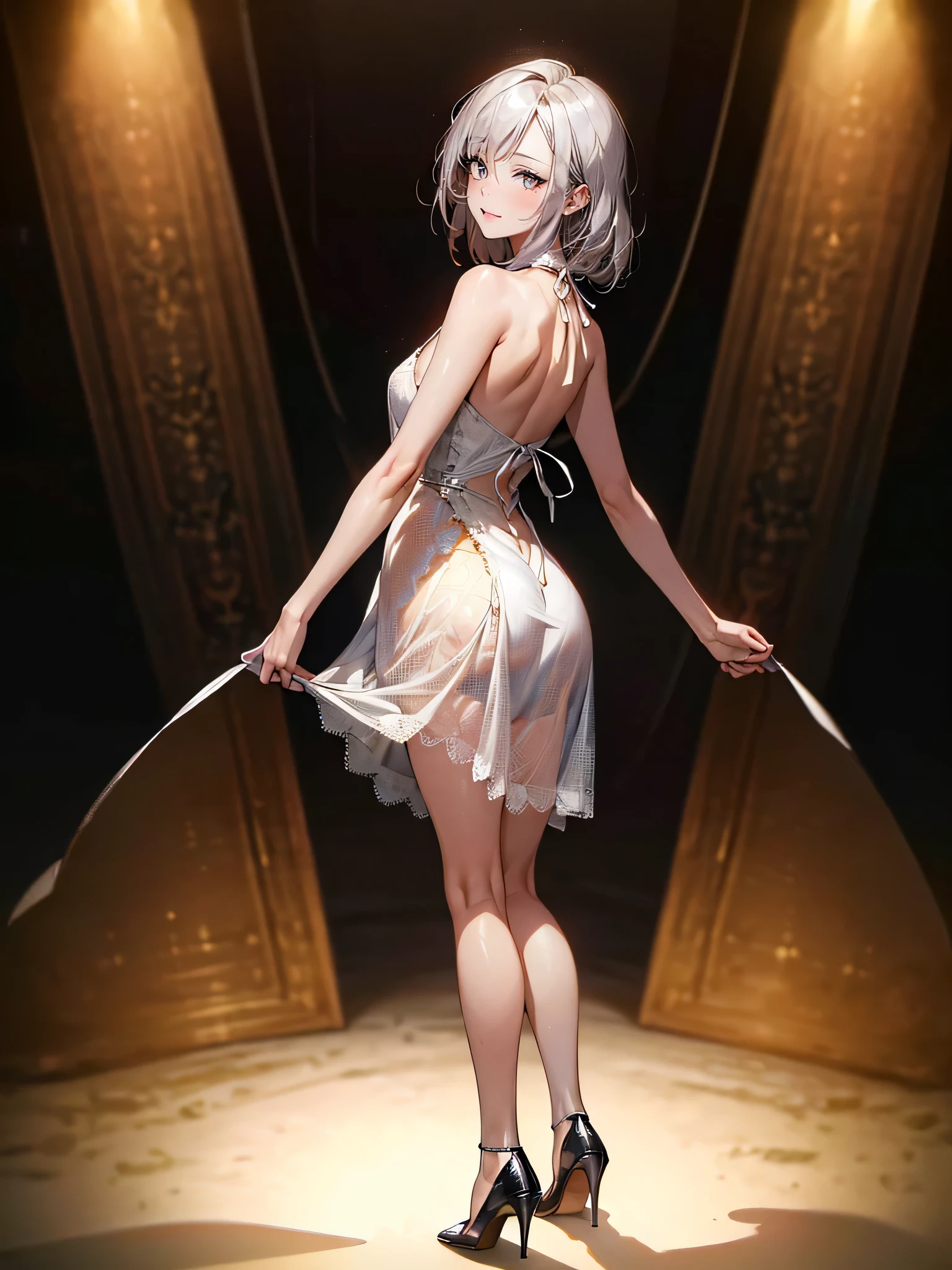 (masterpiece, high resolution, best quality,highres:1.5), CG, illustration, delicate face, cute face, shiny hair, shiny skin, sparkling pupils, Latex dresses,High heels,Patterned dragonfly stockings, looking back, silver hair, 