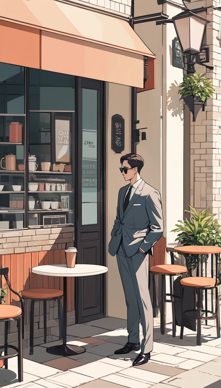 Digital flat vector illustration,Korean illustration,complex,Smooth color block composition,Bright and soft colors,Use shades of color to express light and shadow.A detailed description of the facial features of a man in formal attire,One hand in pocket, one hand holding coffee.not facing the camera,Waiting for someone in front of a chain coffee shop,Leaning on white brick wall,Planting、potted plant、Tables and Chairs,Passersby,Elegant colors,panoramic,Morandi shades。