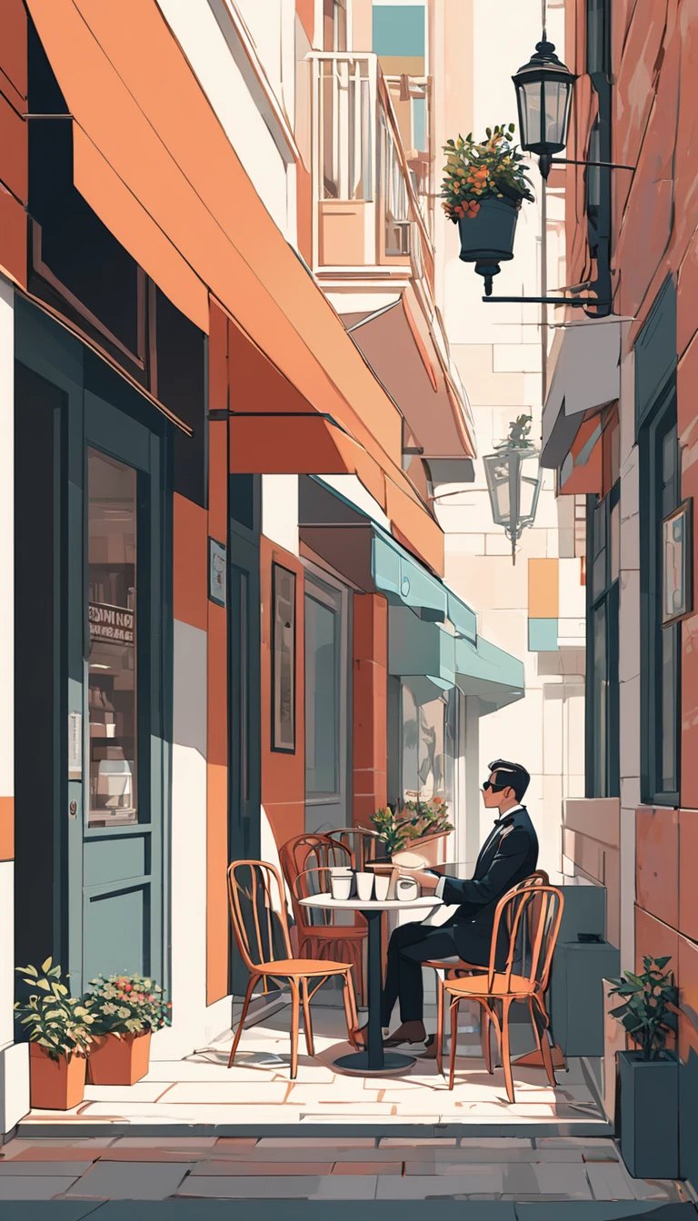 Digital flat vector illustration,Korean illustration,complex,Smooth color block composition,Bright and soft colors,Use shades of color to express light and shadow.A detailed description of the facial features of a man in formal attire,One hand in pocket, one hand holding coffee.not facing the camera,Waiting for someone in front of a chain coffee shop,Leaning on white brick wall,Planting、potted plant、Tables and Chairs,Passersby,Elegant colors,panoramic,Morandi shades。