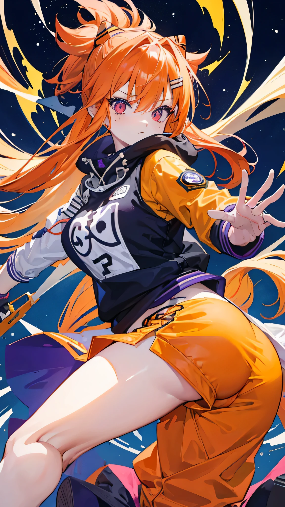 Asuka Langley, roxo: 1.5, laranja: 1.1, Branco: 1.3, amarelo: 1.3, (garota rapper com cabelo pavor), tatuagens, (roupas puffer do poder: 1.2), flor, folhas, mistborn, linhas, background circles, action pose