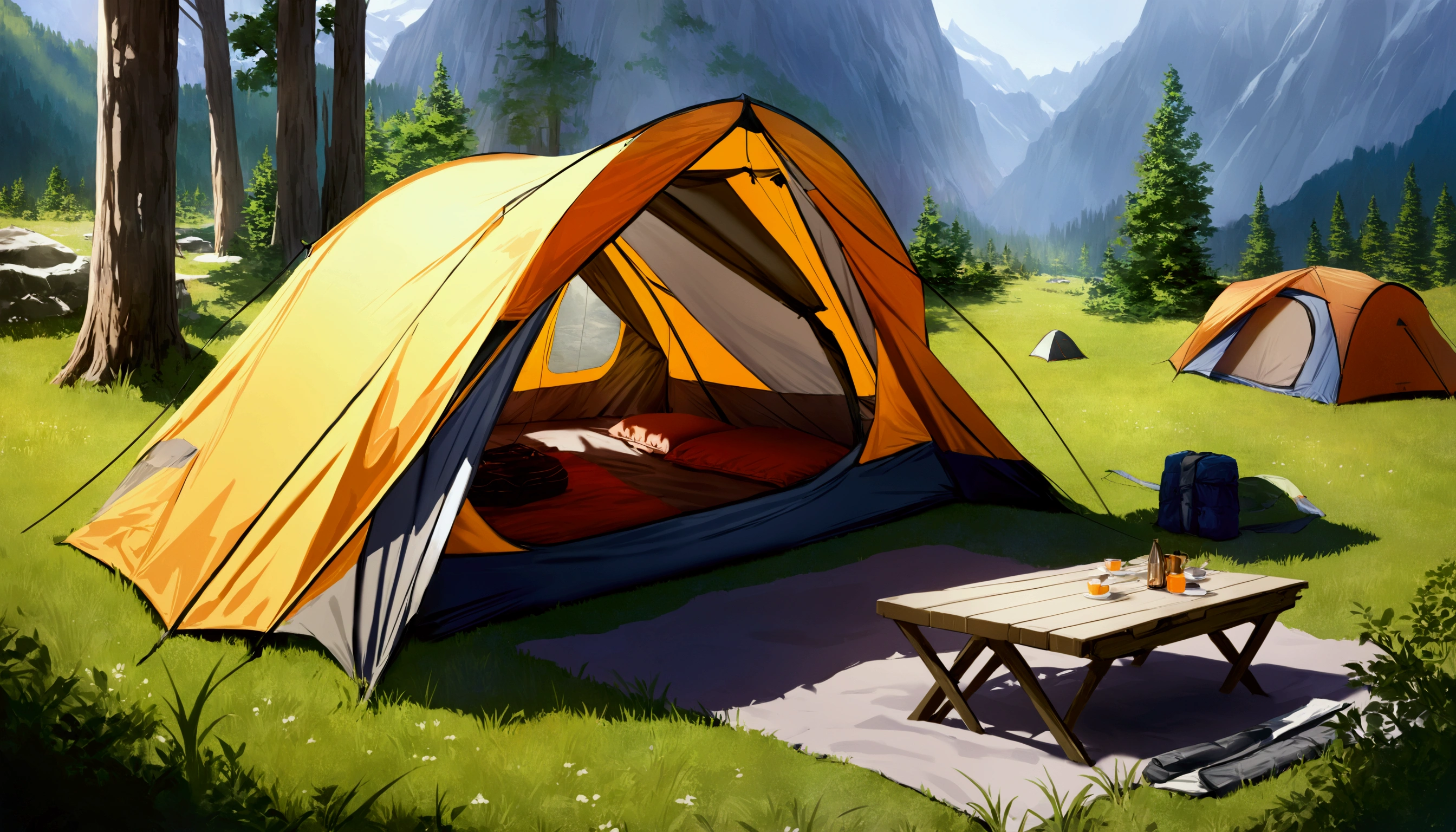 A plateau with a great view,camp site,The view is amazing.,tent,Camping equipment,Highest quality, 8k, High resolution, masterpiece:1.2, Very detailed, Realistic:1.37, High resolution, 超High resolution, Very detailed, Professional, Vibrant colors