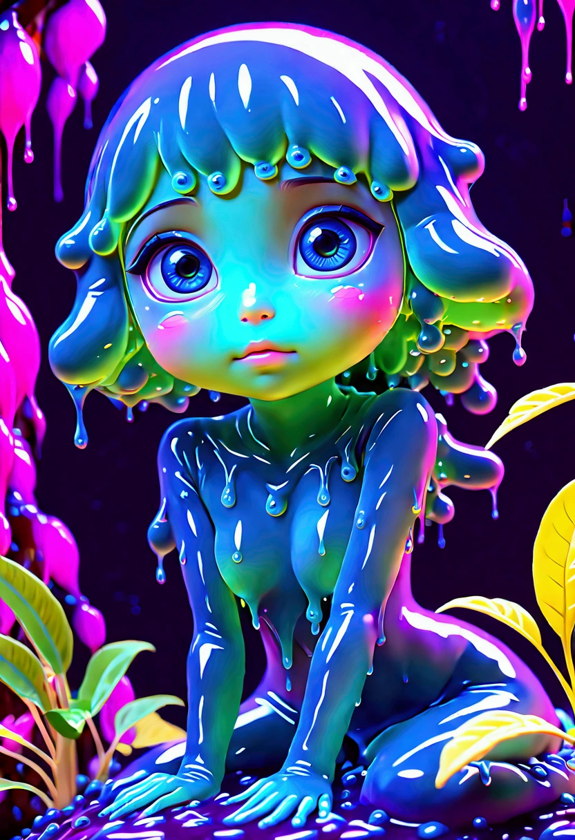 A slime creature, detailed slimy texture, gooey and viscous appearance, cute eyes, bright neon colors, fluorescent glowing, surreal fantasy landscape, colorful alien environment, glowing mushrooms, bioluminescent plants, cinematic lighting, detailed 3D render, vibrant colors, high detail, masterpiece, best quality, very aesthetic, absurdres