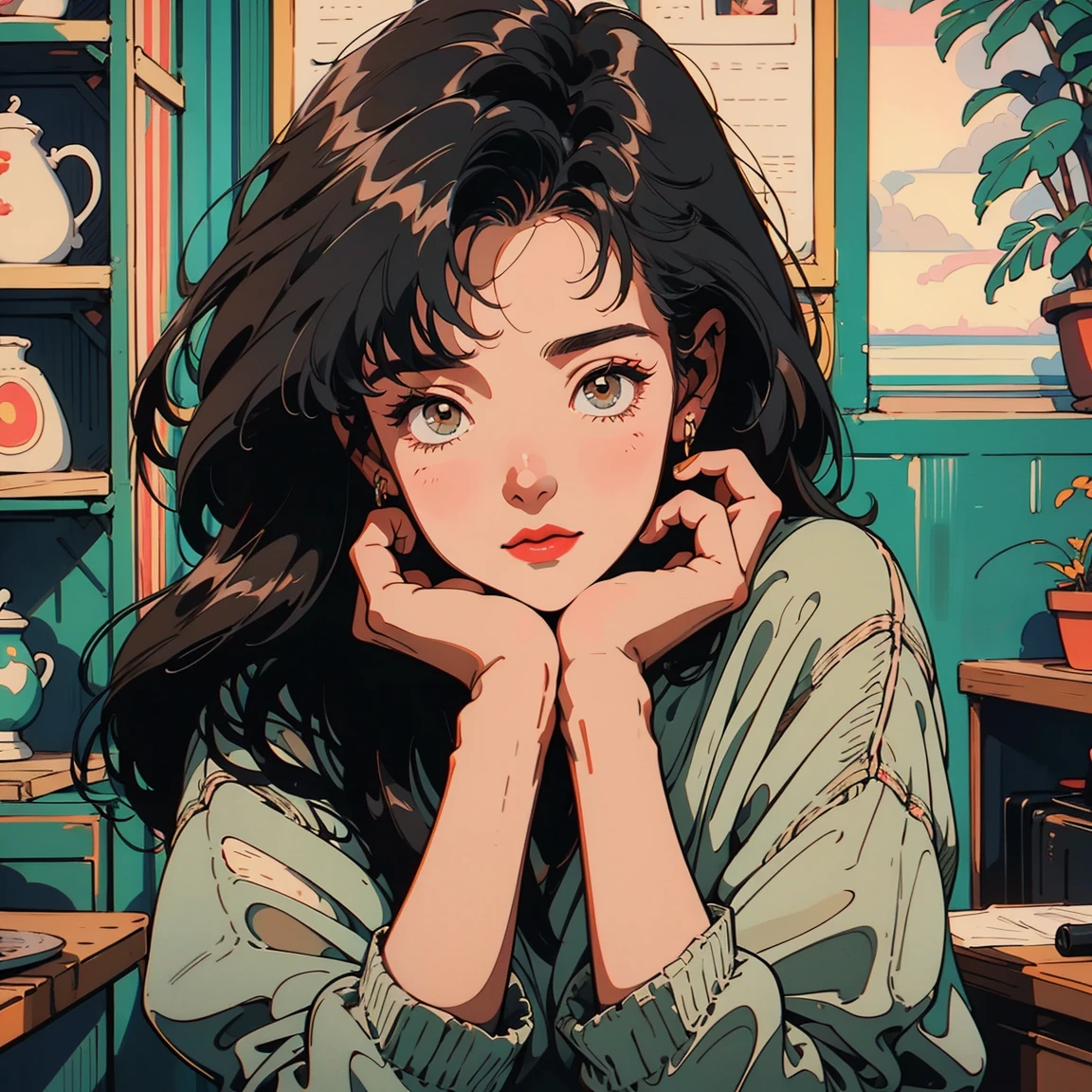 Best image quality, 1980s-style animation, 21 year old girl, Black Hair, Long Hair, Light brown eyes, Snow-white skin, Wear a loose sweatshirt, Antique room, whole body , Sit on a chair , Pause, A big smile, Very beautiful, Sexy Face, whole body 、Listening to a record
