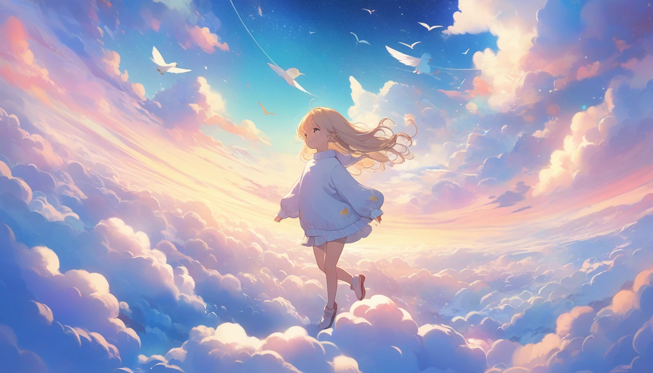 (best quality,4K,8K,High resolution,masterpiece:1.2), The girl in the clouds has hair as fluffy as clouds,bird overhead，soft sweater，tiny stars, fantasy illustration, dream color, Children&#39;s illustration style.bright colors