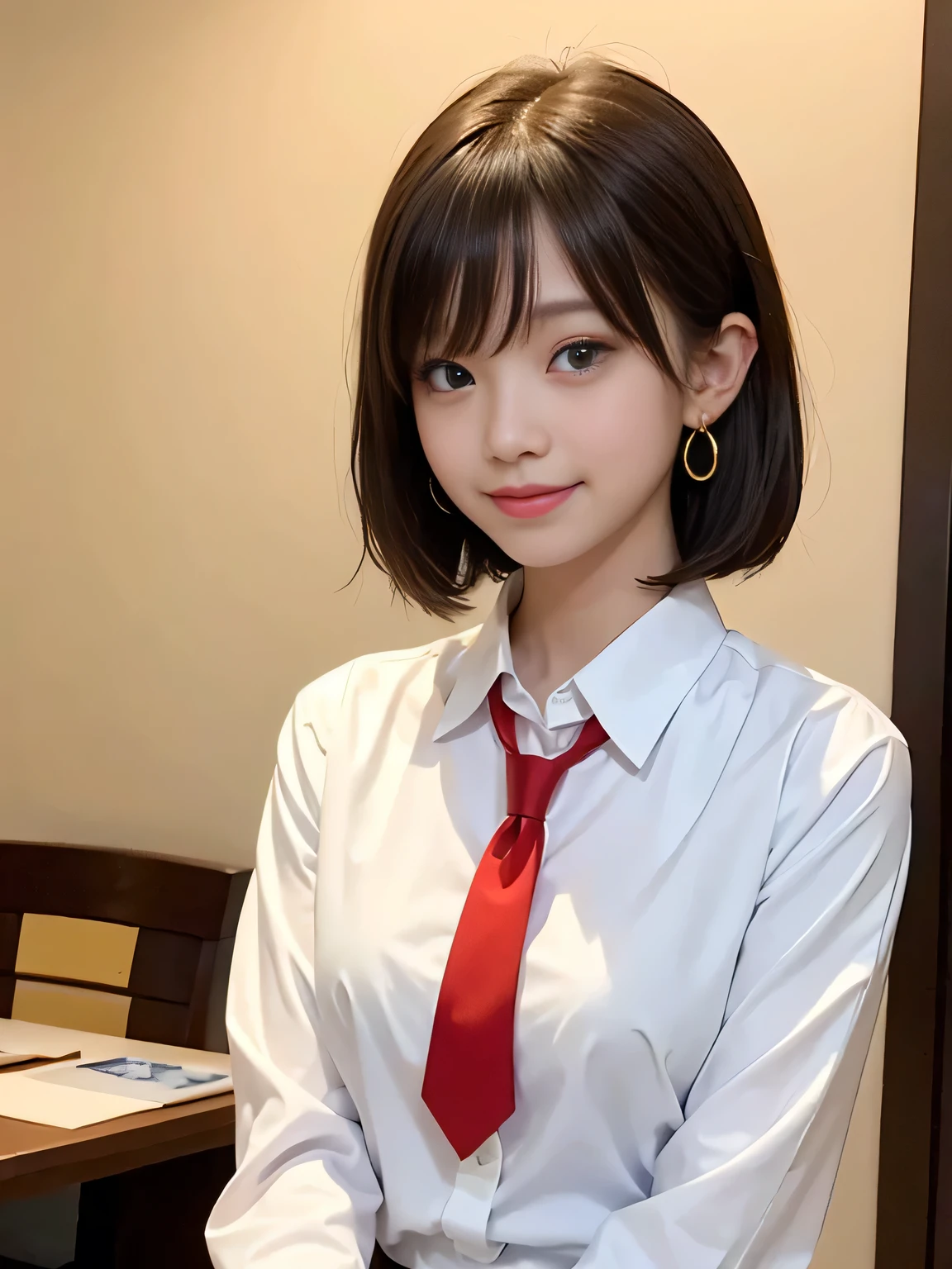 Highest quality、Figures、one person、Earrings、Cute Girls、sexly、Slender、Red tie、White shirt、sexly、Navy blue exy))、Very detailed、Fine details、Slim Body、Slender、Japanese Girls、High resolution、8k、wallpaper、Perfect dynamic composition、Beautiful fine details、Short Bob Cut、((Golden Hair))、Big natural color lip、大胆なsexlyポーズ、smile、Cold Stare、17-year-old girl、Cute、Lolita、Good eyesight、whole body、Yellow wall、smile、
