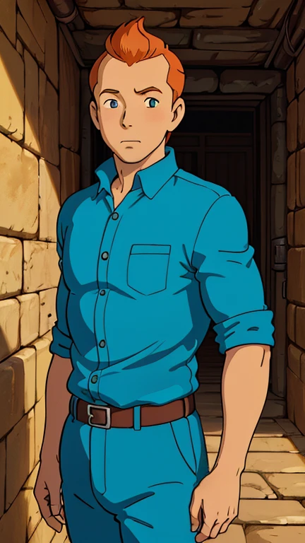 (1man, Tintin,1boy), (extremely detailed CG unit 8k wallpaper),(master part), (best quality), (ultra detail), (best illustration),(ghibli style), cowboy shot, (Sharp eyeliner, ombre, detailed eyes:1), Ancient Atlantis tomb interiors background, ,break , (nateu4), upper body,brunning,short hair, orange hair, 