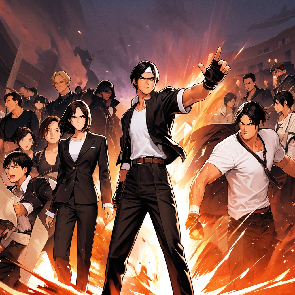 masterpiece, 2 people,ツーshot,Highest quality,8k, complete hand depiction, Action pose, Battle Scenes:1.5,(kyo kusanagi)、Man has black skin、Red eyes、2 peopleきり、((White headband))ツーshot、Black jacket(Roll up your sleeves)、Fingerless gloves、Black Hair、White T-shirt、Black trousers、White shoes、Brown belt、((Fight a woman with the same clothes and hairstyle as Kyo Kusanagi))boyish、good looking、shot、Charming、masterpiece、High resolution、Detailed face、Fine grain、morning、A confident smile、Man and woman fighting with the Arles Amphitheatre in the background、Men and women have the same hairstyle and clothing、 Angry expression,:1.5 Attack Speed, Rapid Attack, Angry expression, Angry face