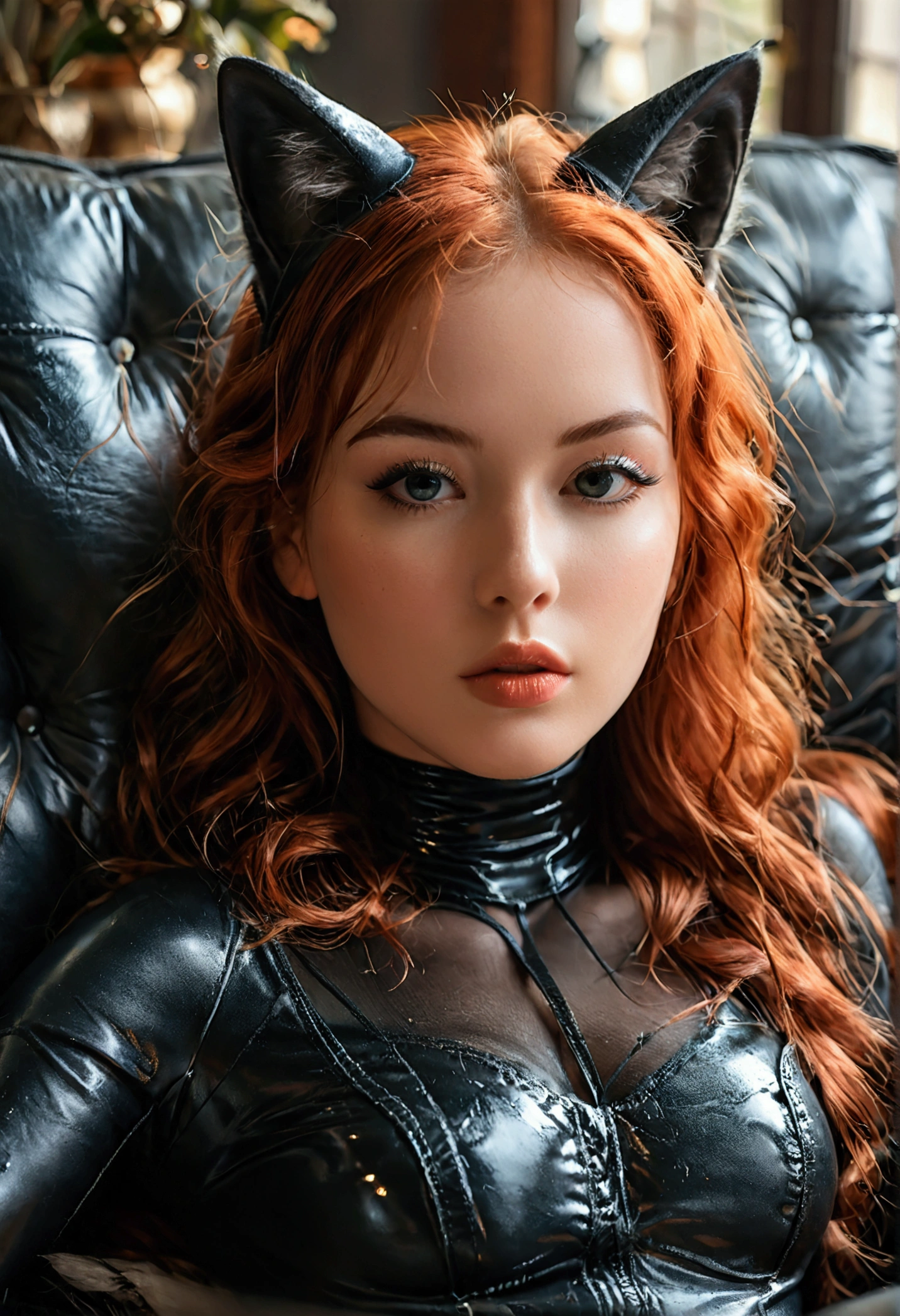 (full body shot:1.7) photorealistic image of a (laying pose:1.3) woman, ultra realistic, photography, long red hair, girl, 24 years old, hourglass figure, perfect body, Flirty look, natural medium breasts, blur background, black tight latex bodysuit, cleavage, wearing cat ears, laying on a black leathercouch, smokey eye make-up, long eyelashes, looking seductive, seduction, dreamy look, full body, full body picture, full body shot, wide angle, wide angle picture, wide angle shot,