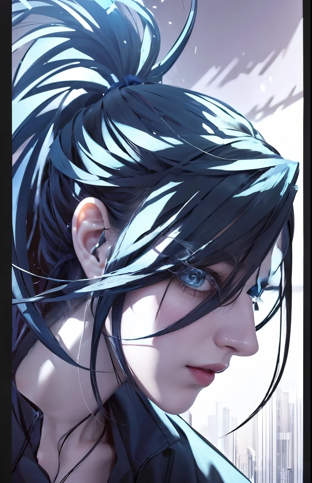 shoulder-length dark blue hair, tied back in a neat ponytail., piercing blue eyes with a clear, defined shape., piercing blue eyes with a clear, defined shape.