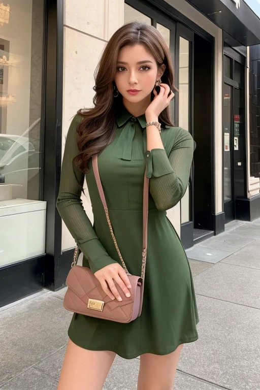 1girl, solo, long_hair, looking_at_viewer, brown_hair, dress, long_sleeves, brown_eyes, holding, jewelry, green_eyes, standing, earrings, bag, arm_up, lips, see-through, makeup, lipstick, arm_behind_head, handbag, photo_(medium), collared_dress, real_life