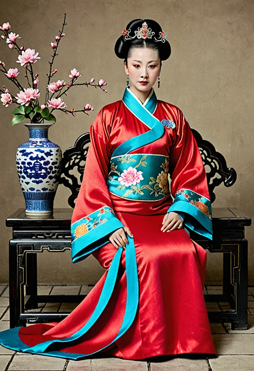 A woman seen from the front, sitting facing forward, at the Chinese imperial court during the Qing dynasty. The empress of China is wearing a crown and a red Manchu dress with a floral pattern, open at the front, exposing her chest, lower abdomen, thighs and feet.。She is wearing no underwear, and her large breasts are exposed, right down to her bare stomach. Her hair is tied up and pulled up, and the background is the stone pavement of the Chinese palace of the Qing Dynasty.