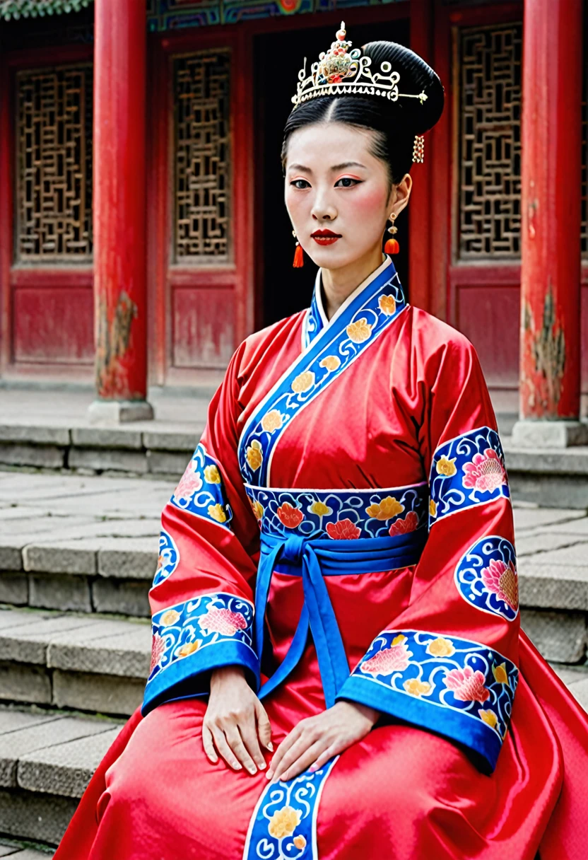 A woman seen from the front, sitting facing forward, at the Chinese imperial court during the Qing dynasty. The empress of China is wearing a crown and a red Manchu dress with a floral pattern, open at the front, exposing her chest, lower abdomen, thighs and feet.。She is wearing no underwear, and her large breasts are exposed, right down to her bare stomach. Her hair is tied up and pulled up, and the background is the stone pavement of the Chinese palace of the Qing Dynasty.