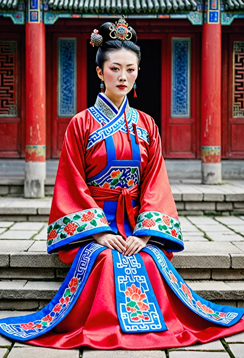 A woman seen from the front, sitting facing forward, at the Chinese imperial court during the Qing dynasty. The empress of China is wearing a crown and a red Manchu dress with a floral pattern, open at the front, exposing her chest, lower abdomen, thighs and feet.。She is wearing no underwear, and her large breasts are exposed, right down to her bare stomach. Her hair is tied up and pulled up, and the background is the stone pavement of the Chinese palace of the Qing Dynasty.