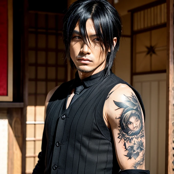 1 man, male, Japanese man, Visual Kai hairstyle, ultra detailed face and body, hyperrealistic, realistic representation, muscular, broad shoulders, tattoos gothic style, Visual Kei style, hairstyle Visual Kei, black and blond, long hair, 40 years old, age 40, outfit gothic , men's shirt and black pants, Asian eyes, eyes, Visual Kei hairstyle