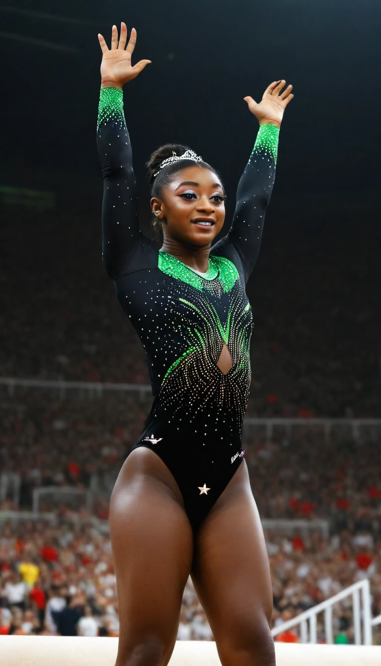 create an image of Simone Biles competing in artistic gymnastics in a world sports Olympic stadium, dressed in a black gymnast uniform with red glowing stones and green glowing stones with a determined countenance, In the stands, a crowd of Africans cheers for her,