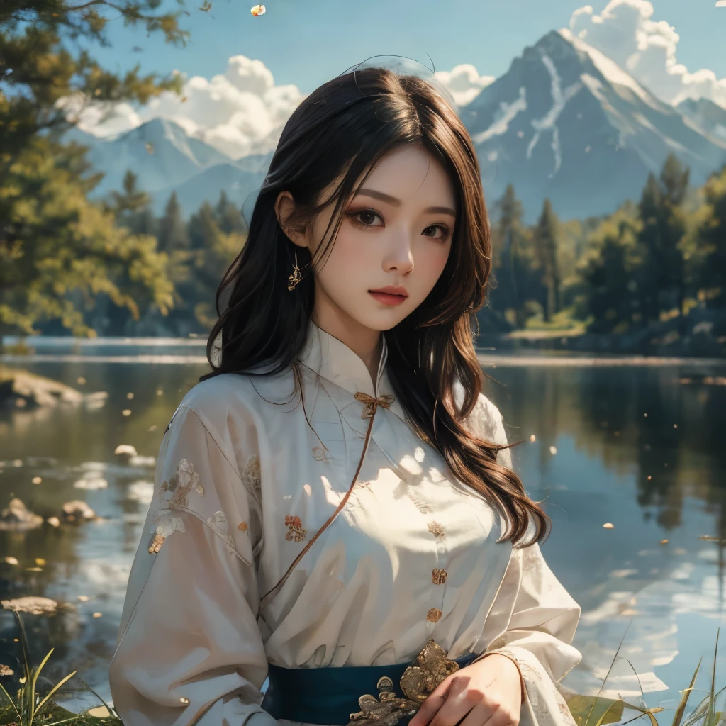 ((masterpiece))), (((best quality))), ((Extremely detailed)), (Highly detailed computer illustration), ((Very delicate and beautiful)),Cinema Lighting, bloom, Tree, white Leaf, A woman, Black Hair, put, Chinese clothes, cloud, cloudy, reflection, water, Sunlight, permanent, sword, hold sword.