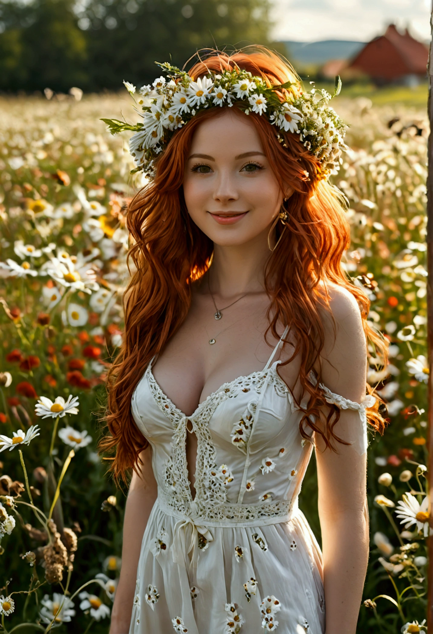(full body shot:1.7) photorealistic image of a (standing pose:1.1) woman, ultra realistic, photography, long red hair, girl, 24 years old, hourglass figure, perfect body, Flirty look, natural medium breasts, blur background, standing in a field of daisies, wearing a long white dress, cleavage, wearing a flowercrown, smiling, sunny day, sunshine, full body, full body picture, full body shot, wide angle, wide angle picture, wide angle shot,
