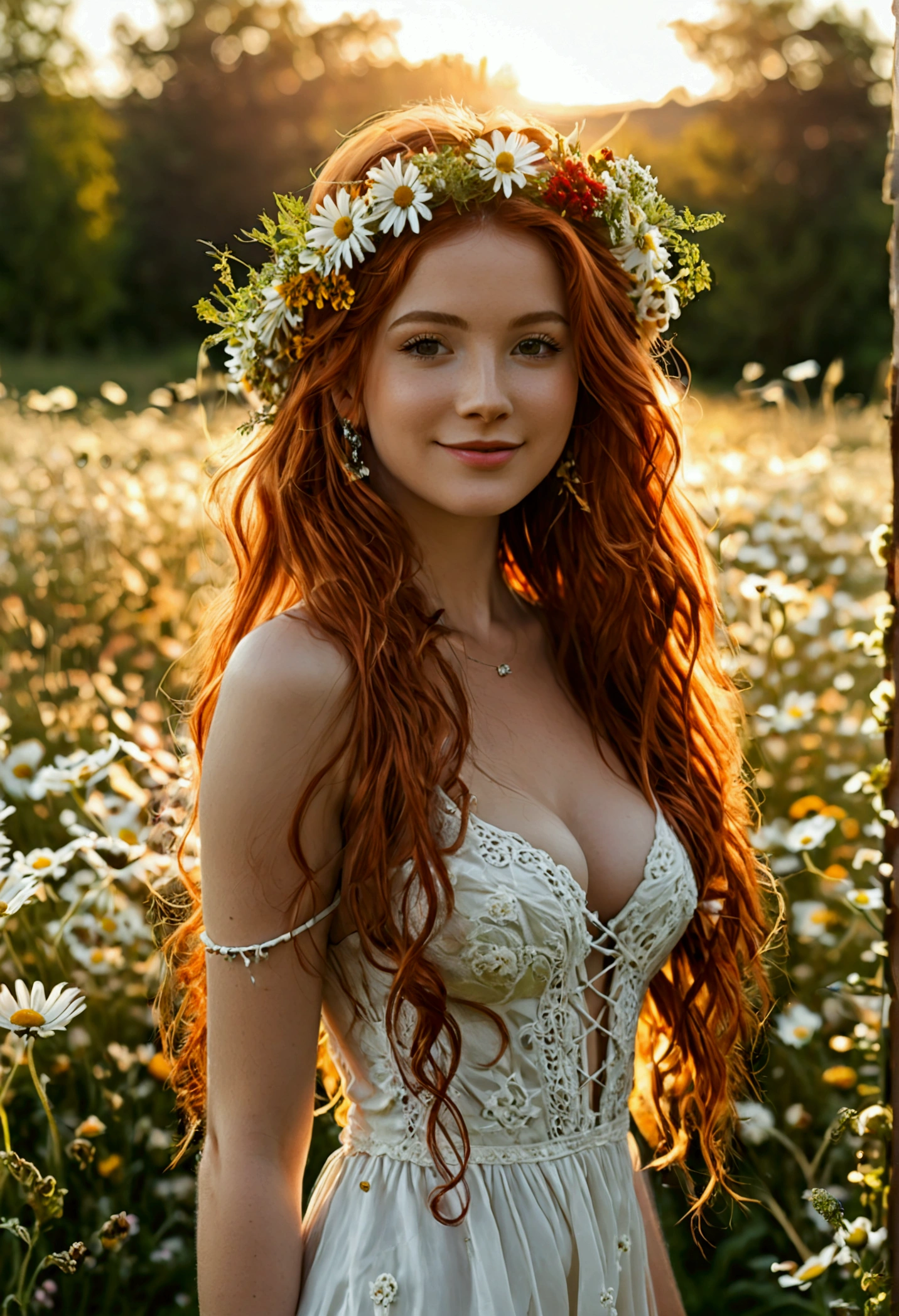 (full body shot:1.7) photorealistic image of a (standing pose:1.1) woman, ultra realistic, photography, long red hair, girl, 24 years old, hourglass figure, perfect body, Flirty look, natural medium breasts, blur background, standing in a field of daisies, wearing a long white dress, cleavage, wearing a flowercrown, smiling, sunny day, sunshine, full body, full body picture, full body shot, wide angle, wide angle picture, wide angle shot,