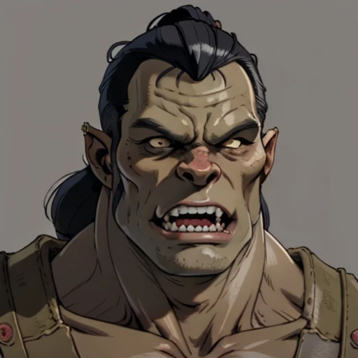 (masterpiece), (best quality),(portrait),(bust up),1boy,solo,(sharp focus),orc,muscular,(ancient:1),ancient luxurious long clothes,old school fantasy art,((simple background)),super shiny face,Ultra Glossy skin,(teeth),orczor,mazoga,orc teeth,extra teeth,yazangable,1man,