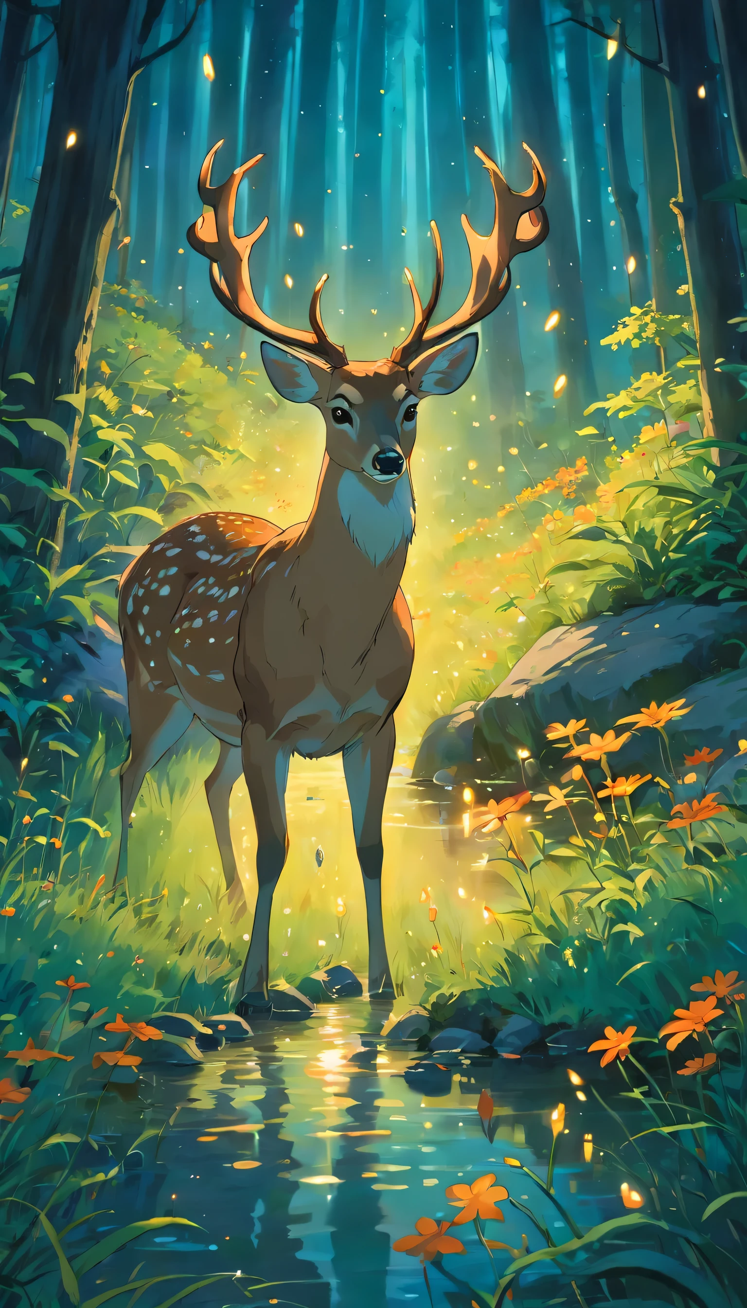 Generate a dusk scene of a deer drinking water by the brookside in the beautiful forest with fireflies glowing orange flowers and dark green grass. Make sure the deer is high in quality and has 4 legs. The view should be from little distance like 100 feet. And only one deer should be there.