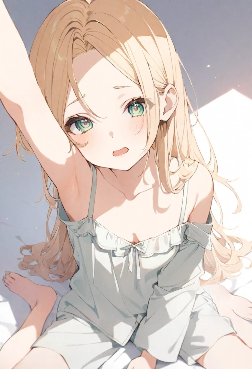 (muste piece), (best quality), (score_9, score_8_up, score_7_up), very detailed eyes, expressive eyes, perfect face, very detailed face, highly detailed face, beautiful girl, 8K, beautiful girl, (white background), delicate and beautiful face and eyes, dark intense shadow, Ultra-high resolution, Movie Lighting, (Fuji Color: 1.2) portrait, 1 girl, vtuber style, cool girl, hololive, vtuber, 1girl, kazama iroha, blonde hair, green eyes, muddie hair, messy hair, see-through:dress pajamas, pajamas shorts, green bra, small breast, soft breast, cleavage, clavicle, half-closed eyes, sleeping, breathing, (full body), sleeping face, smaile, lying on bed, one arm on forehead, 
