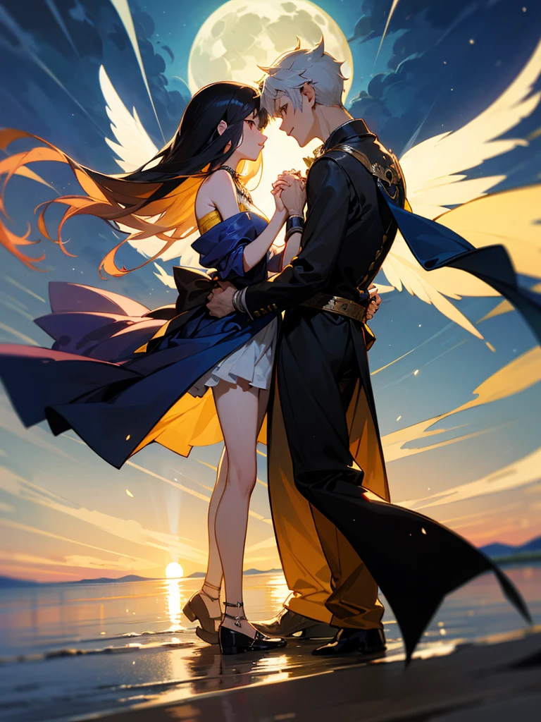 high resolution、High quality、Romantic and fantastical scene、Night beach and full moon、Male and female characters holding hands