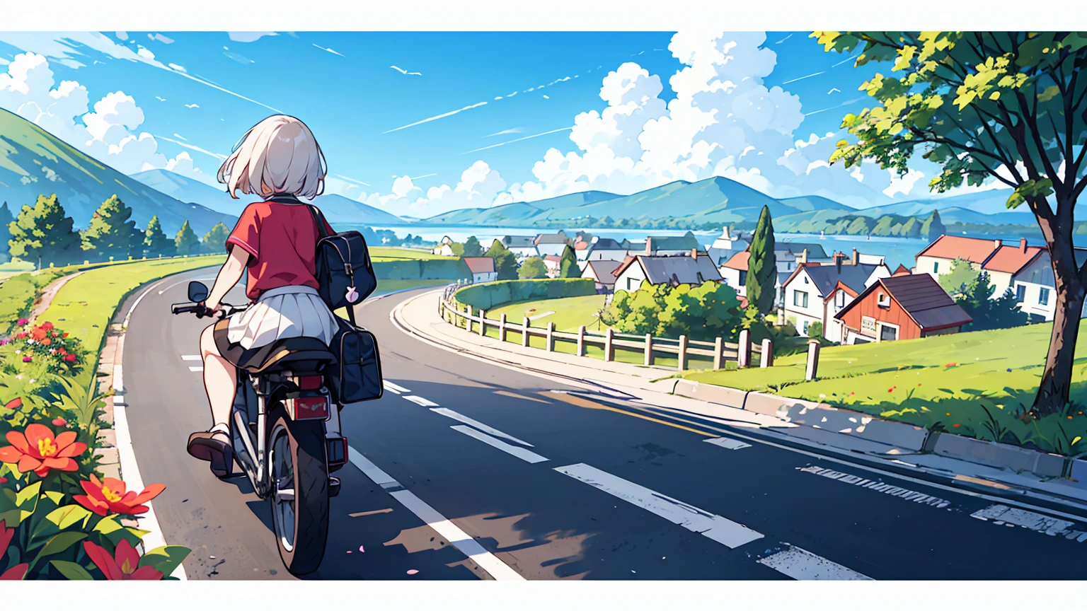 (masterpiece, best quality),1 woman, different hair colors, different faces,letterboxed, perfection of fashion,chapped lips, casual attire, whole body, from behind,open sea,calm,Riding a classic bike down the road,coming down from the hill,Downhill road to the beach,clean sky,Clumping clouds, skirt,relaxed,A small village seen at the end of the road,The gaze is towards the village,The roads are full of flowers,view from the hill,back