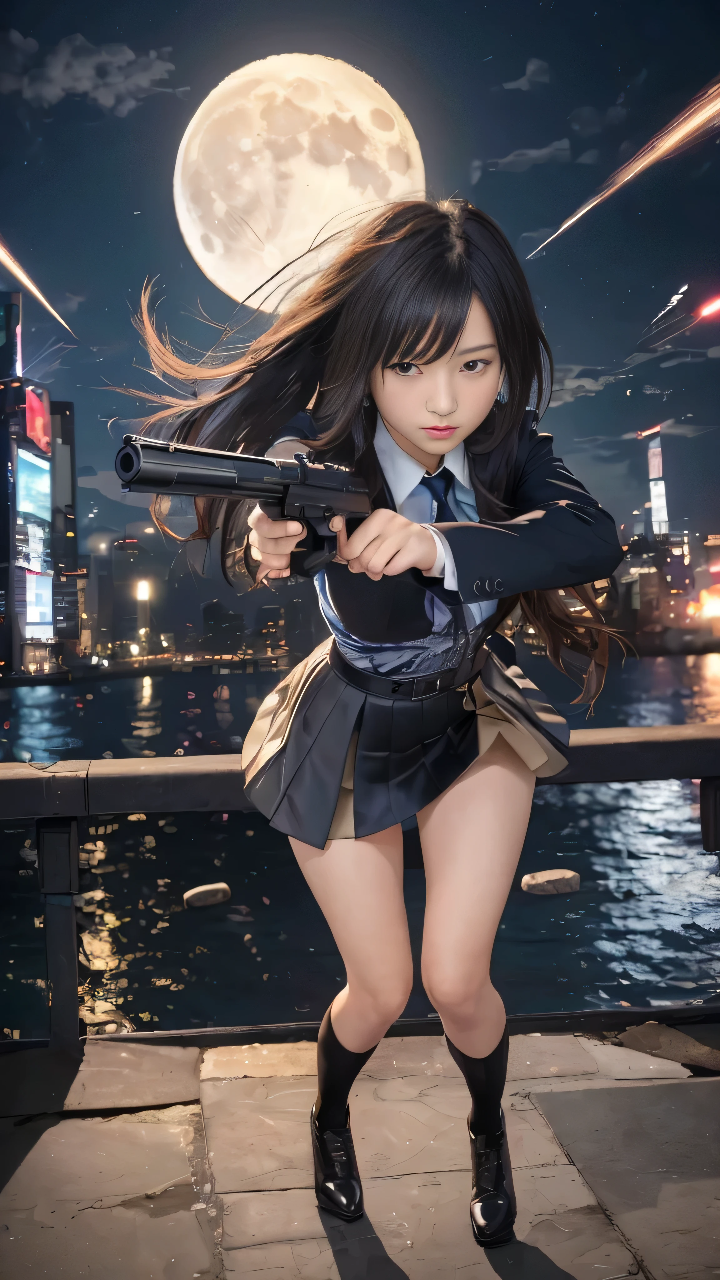 (masterpiece, Highest quality:1.2), Young and beautiful girl, (RAW quality:1.4), Highest quality, Great quality, 16K, Unbelievably absurd, Very detailed, delicate and dynamic, software, Natural light, Particles reflect color, Diffuse reflection of light, Vortex of Light, Hudson River, new york, Night view, Create amazing image effects, lycoris uniform, skirt, (Cute sexy girl, 14 years old, Pursue the perpetrator, Intense movement, Vibrant, hot, , , , pistol, Long black hair, Police uniform, Takina Inoue Final Fantasy VII), Full body photo, (Shooting a gun in front of a big full moon:1.4), Speedy, Lots of bullets, Trajectory,