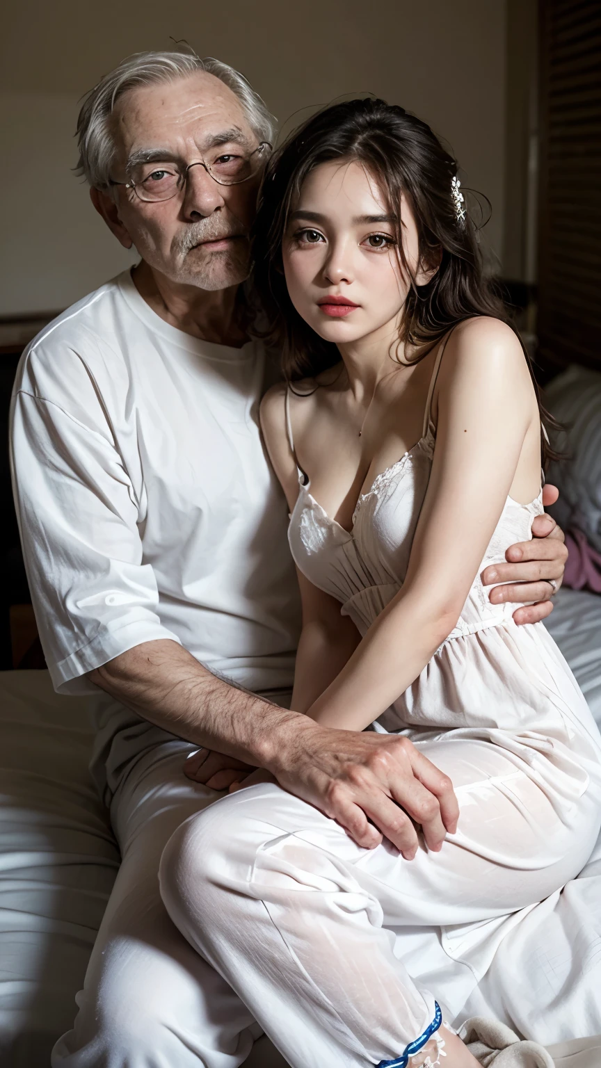 Old man and young girl, Old man wearing pijamas, young girl, young girl Messy hair, Red lips, Wearing wedding dress white, couple in bedroom