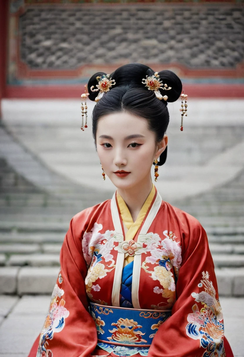 A woman seen from the front, sitting facing forward, at the Chinese imperial court during the Qing dynasty. The empress of China is wearing a crown and a red Manchu dress with a floral pattern, open at the front, exposing her chest, lower abdomen, thighs and feet.。She is wearing no underwear, and her large breasts are exposed, right down to her bare stomach. Her hair is tied up and pulled up, and the background is the stone pavement of the Chinese palace of the Qing Dynasty.