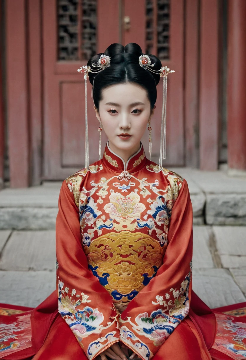 A woman seen from the front, sitting facing forward, at the Chinese imperial court during the Qing dynasty. The empress of China is wearing a crown and a red Manchu dress with a floral pattern, open at the front, exposing her chest, lower abdomen, thighs and feet.。She is wearing no underwear, and her large breasts are exposed, right down to her bare stomach. Her hair is tied up and pulled up, and the background is the stone pavement of the Chinese palace of the Qing Dynasty.