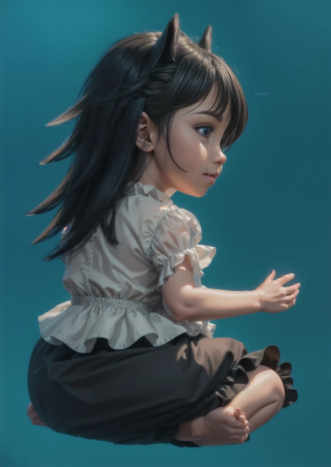 a small baby girl is sitting on the floor with her back turned, the child's face is in profile, she has long black hair, a white blouse and black shorts, her right hand is reaching forward, cute,  about 1 year old is sitting on the floor (masterpiece), (best quality), (ultra-detailed), (full body:1.2), Super cute, Baby, Pixar, Baby panda in pajamas, Big bright eyes, Fluffy, Smile, Delicate and fine, Fairy tales, Incredibly high detailed, Pixar style, Bright color palette, Natural light, Simple background with pure color, Octane render, Trending on Artstation, Gorgeous, Ultra wide angle, 8k, HD, Realistic, smooth 3d model, glossy plastic texture, multiple light sources, rim light, sharp post effects render, most beautiful vfx, , realistic, 4k, high resolution, rim light, smooth 3d model. , glossy texture, smooth 3d model, multiple light sources, rim light, sharp post effects render, (glossy plastic texture with multiple big light probe refractions), perfect cgi, reflective, best quality, 4k, masterpiece:1.2, ultra-detailed, realistic, vivid colors, The image of the highest quality, ensuring every detail showcased perfectly. It in 4k resolution, allowing viewers to immerse themselves in the richness of the colors and intricate details. The realistic rendering. under the spotlight, reflecting, high-resolution image, realistic rendering