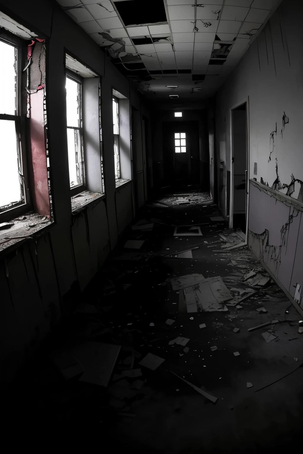 Arafed room with a door and windows in an old building, abandoned asylum, very dark and abandoned, abandoned hospital, dark abandoned hallway at night, creepy and dramatic atmosphere, Dark and gloomy, Dark corridors, abandoned buildings, in a dilapidated hospital room, interior abandoned hospital, scary looking, Urbex, abandoned, an abandoned old, spooky room