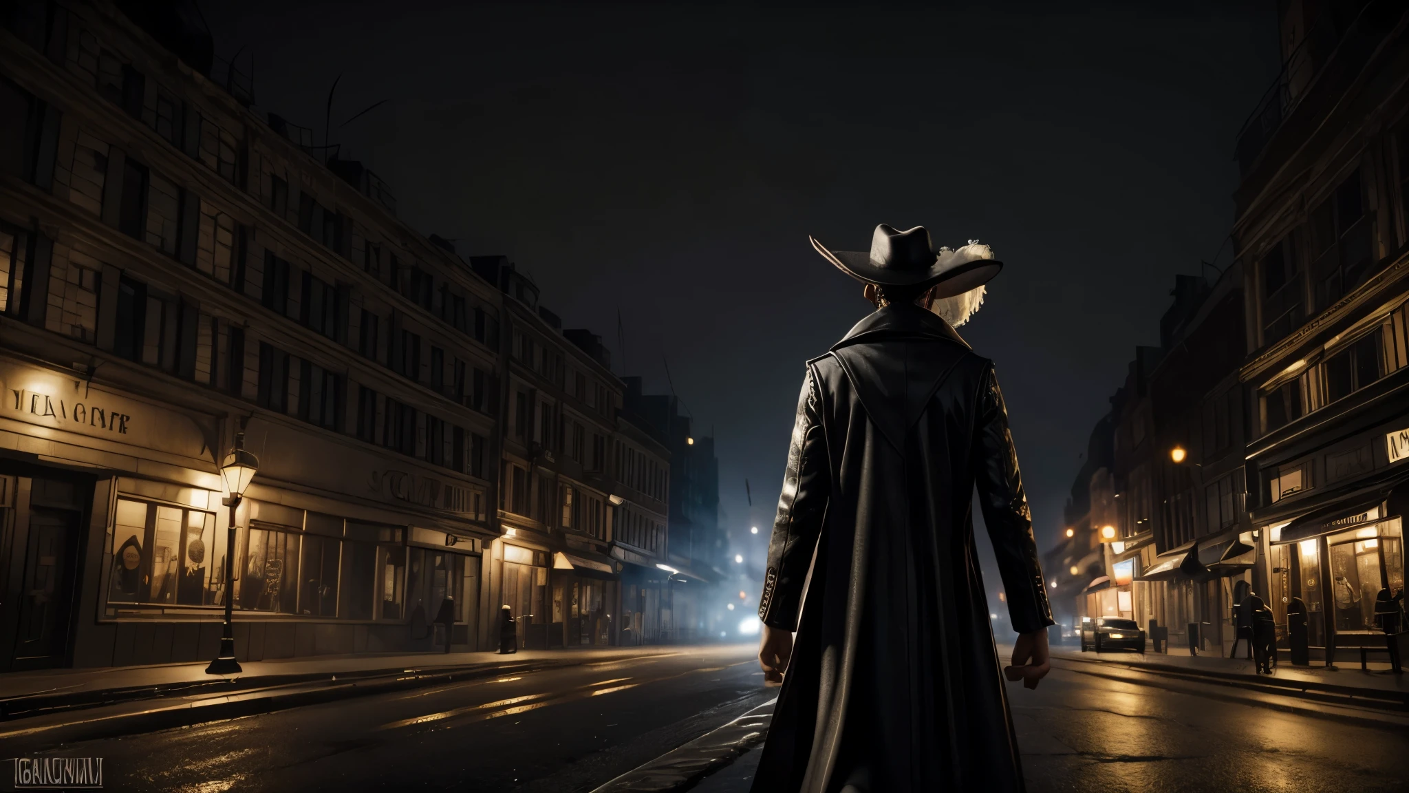 masterpiece, best quality, extremely detailed, hyperrealistic, photorealistic, a cool 40s man, ultra detailed face:1.2, black hat with feathers, city, in the night, nightmarish, mystical fog, smoke, destroyed city, walking, laughing
