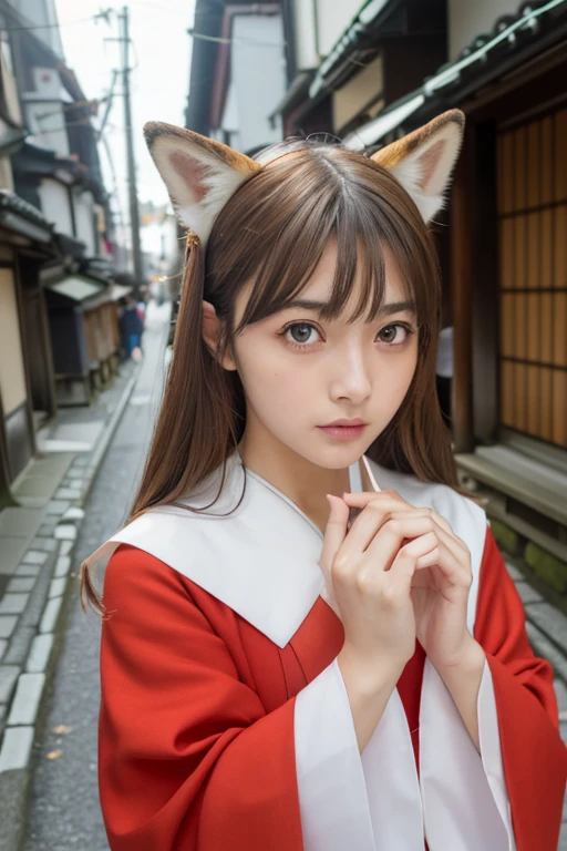 Small fox ears、one girl, (a beauty girl, delicate girl:1.3), (12 years old, change:1.3), break,((Shrine maiden costume)),(Brown fox ears) break, Definition of Very Fine Particles, (Symmetrical eyes:1.3), break, (alley, Kyoto:1.3), perfectly trimmed fingers, break, ((Beautiful medium milk)), Brown eyes, Parted bangs, Brown Hair, girl, break, (Eye and facial details:1.0), break, (masterpiece, Highest quality, Very detailed, Detailed face, 8k)